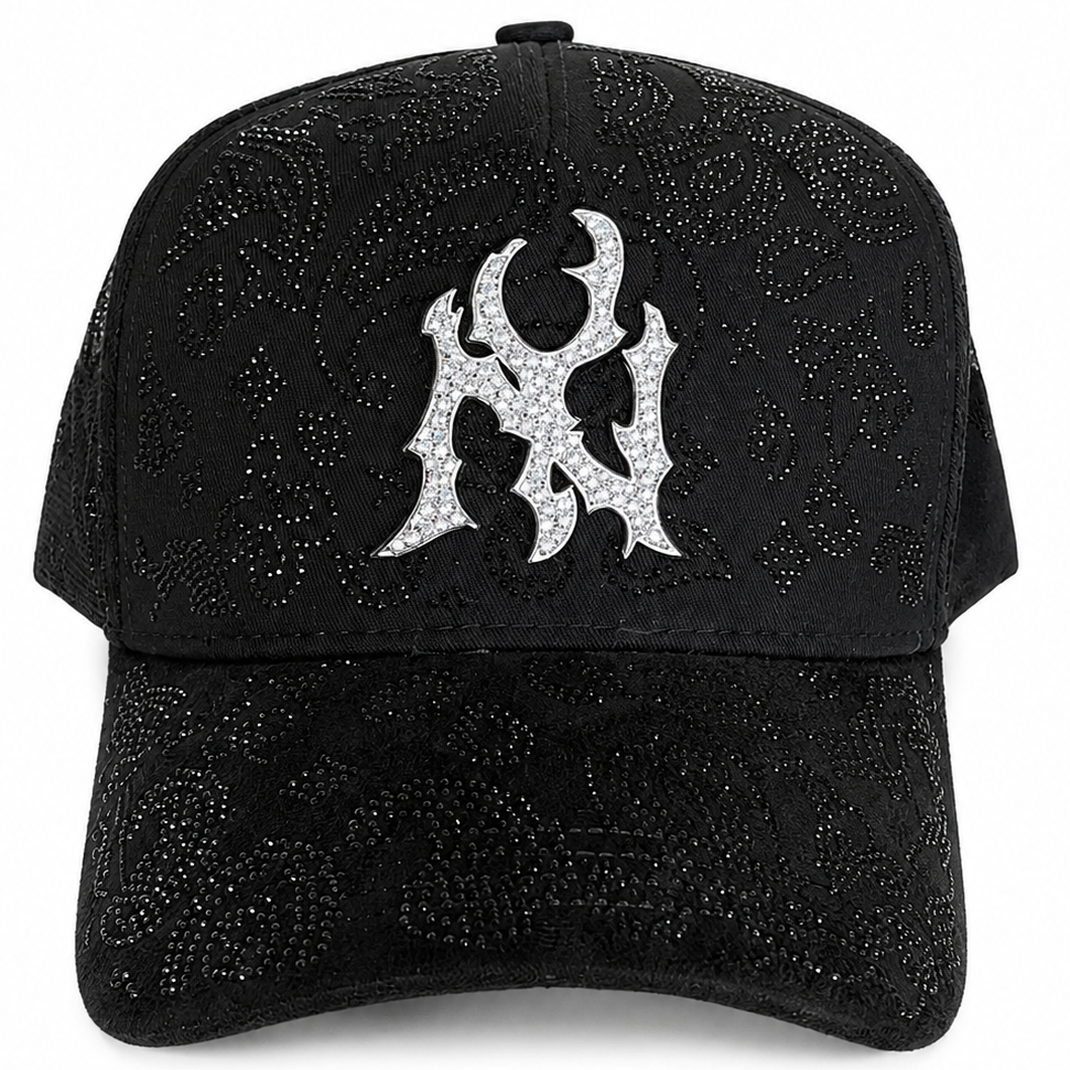 Black rhinestone paisley luxury cap with all-over paisley design - front view