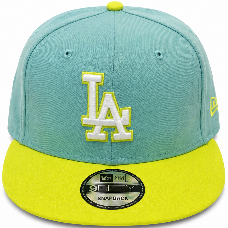New Era Los Angeles Dodgers teal and neon yellow 9FIFTY snapback hat - front view