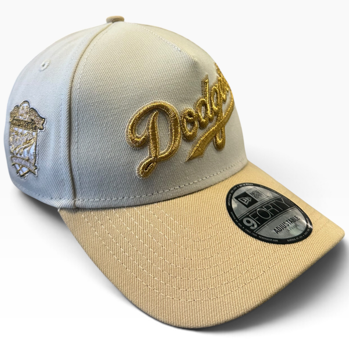 Los Angeles Dodgers cream and tan gold script New Era 9FORTY A-Frame adjustable hat - front view