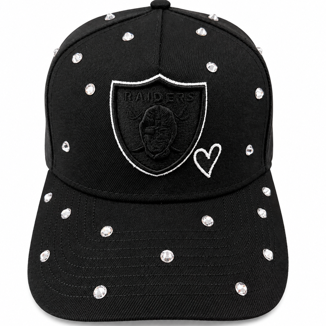 Raiders black rhinestone heart snapback hat with crystal-covered crown - front view