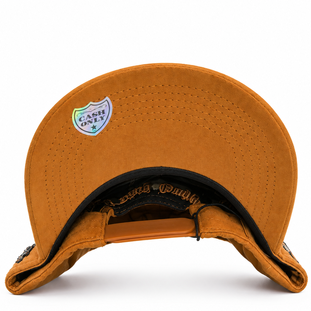 Cash Only LA suede rhinestone snapback hat in caramel tan - front view