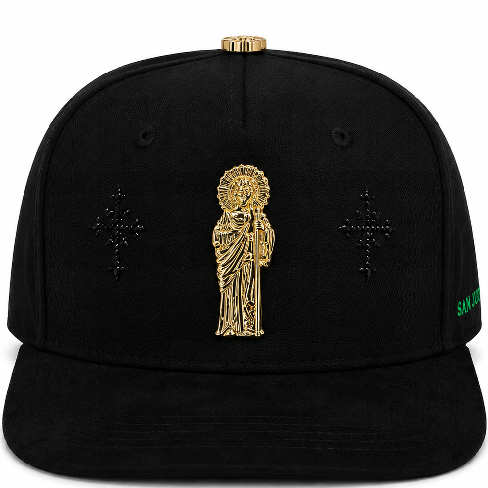 San Judas gold emblem black snapback hat - front view