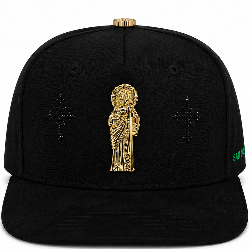 San Judas gold emblem black snapback hat - front view