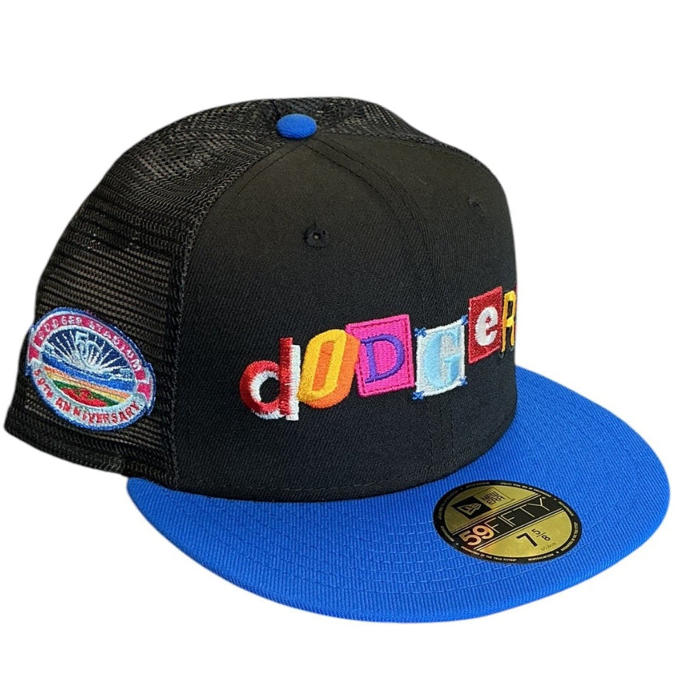 Los Angeles Dodgers black and royal blue mesh New Era 59FIFTY fitted hat - back view