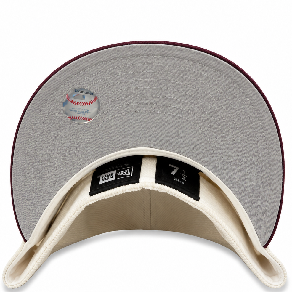 Montreal Expos cream corduroy/burgundy New Era 59FIFTY fitted hat - front view