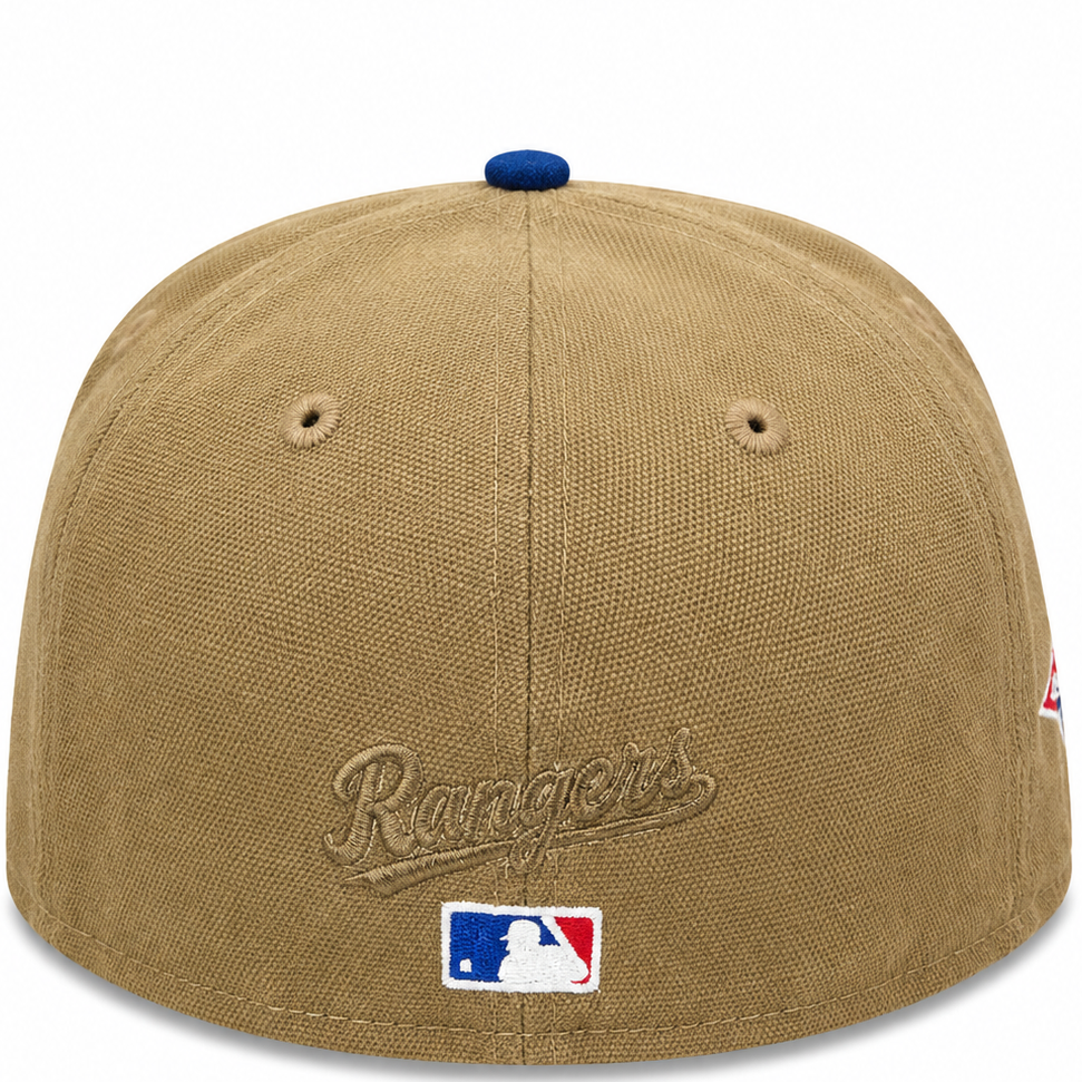 Texas Rangers Tan / Royal Blue New Era 59FIFTY fitted hat - detail view