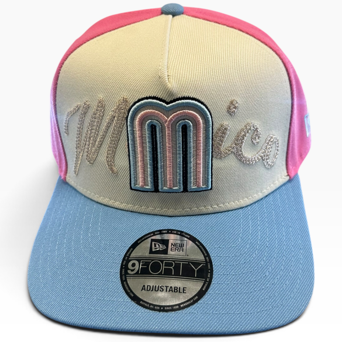 Mexico cream pink and baby blue New Era 9FORTY adjustable hat - side view