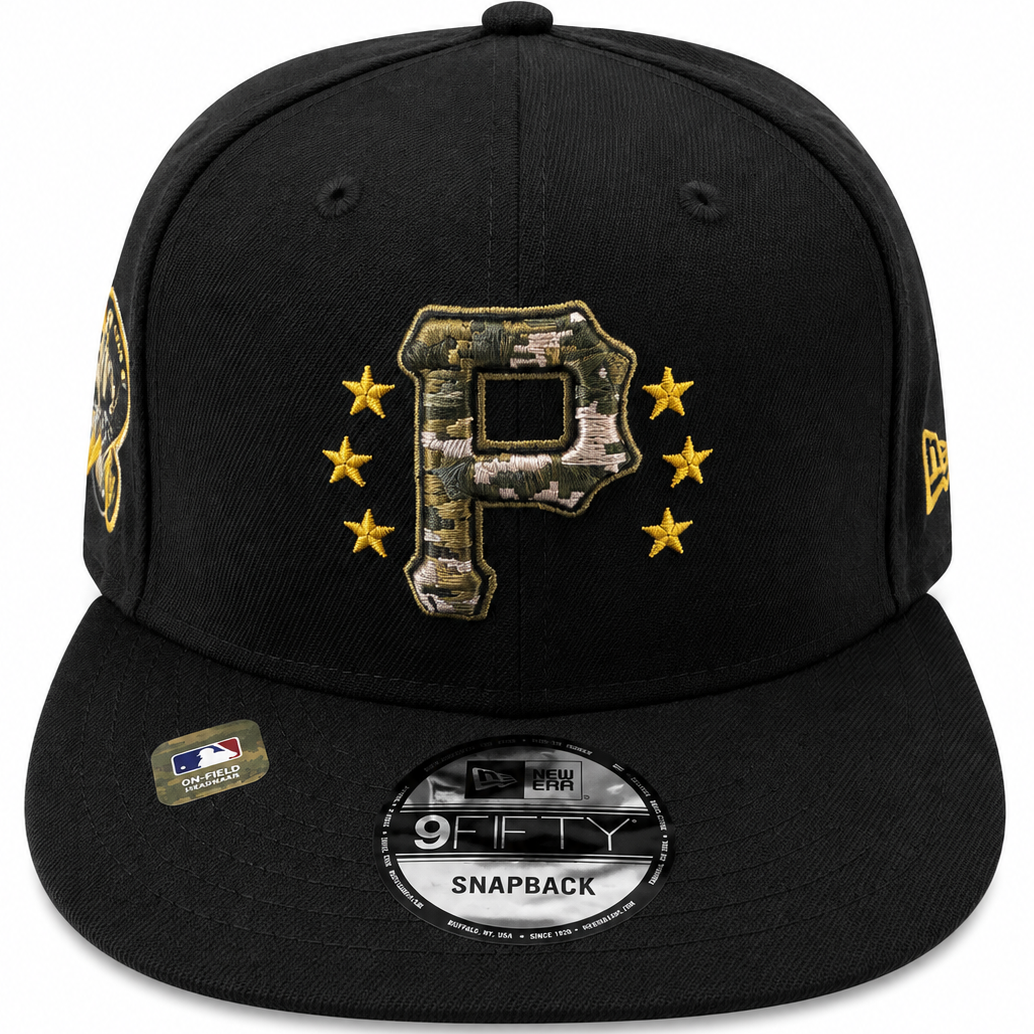Pirates black camo snapback with military-inspired side patch - side view