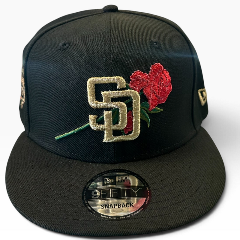 San Diego Padres rose black and gold New Era 9FIFTY snapback hat - front view