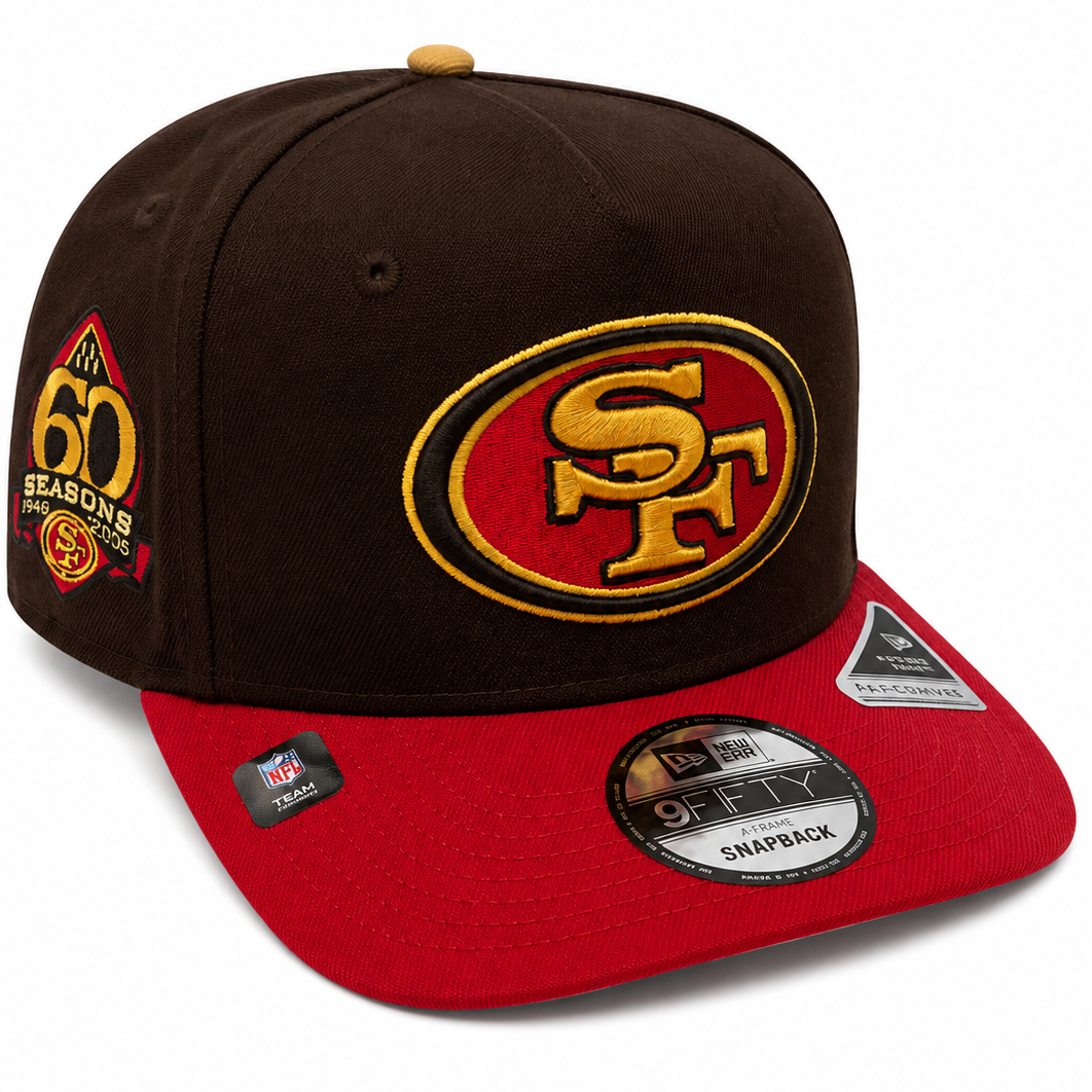 San Francisco 49ers brown and red 60 Seasons New Era 9FIFTY A-Frame snapback hat - front view