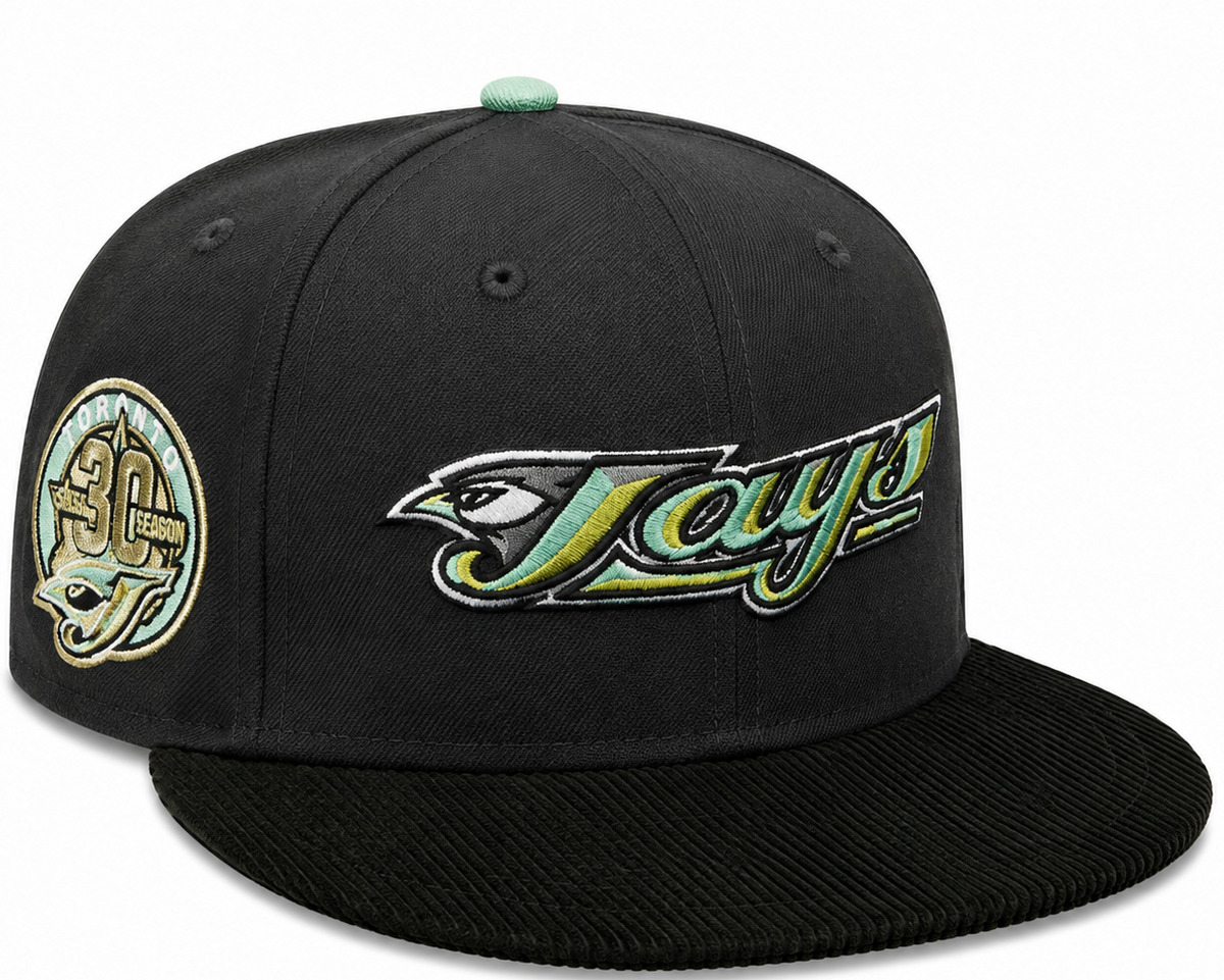 Toronto Blue Jays black and mint New Era 59FIFTY fitted hat - side view