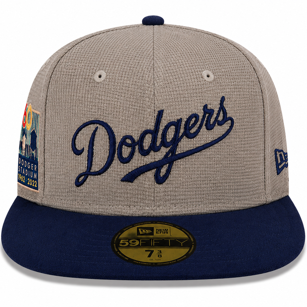 Los Angeles Dodgers taupe and navy New Era 59FIFTY fitted hat - front view