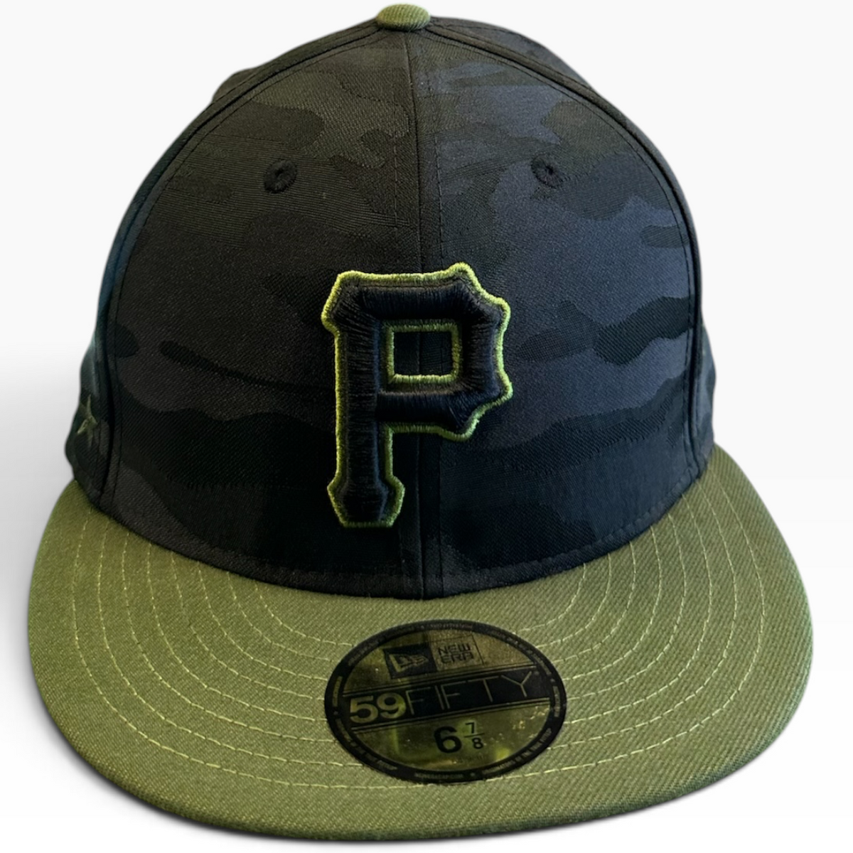 Pittsburgh Pirates Camo Olive New Era 59FIFTY fitted hat - side view