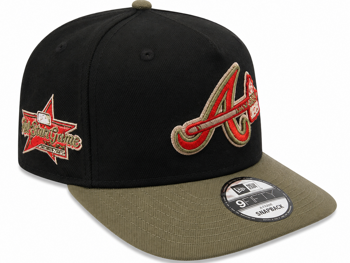 New Era Atlanta Braves black and olive 9FIFTY A-Frame snapback hat with tomahawk logo - front view