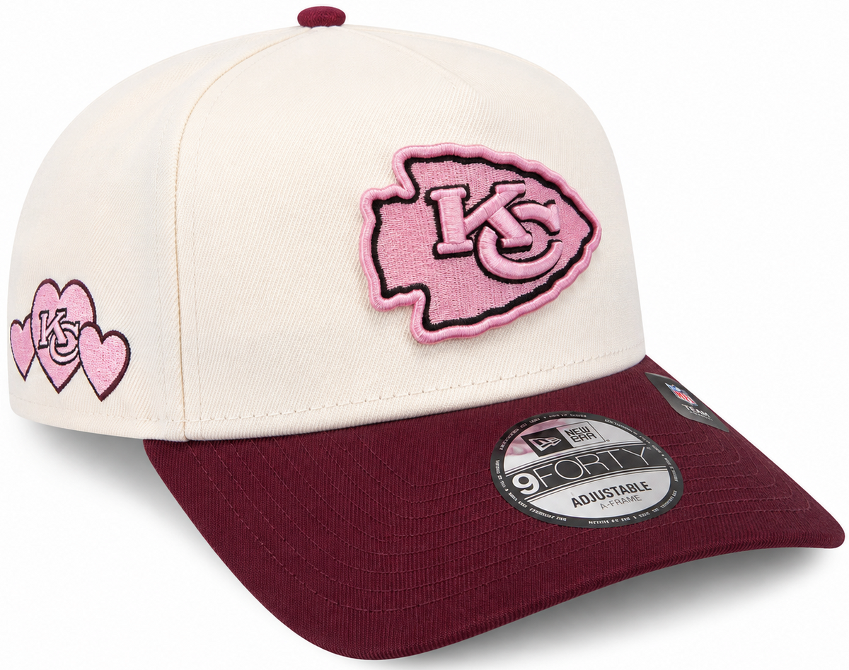 Chiefs pink hearts A-Frame hat with heart details on side - side view