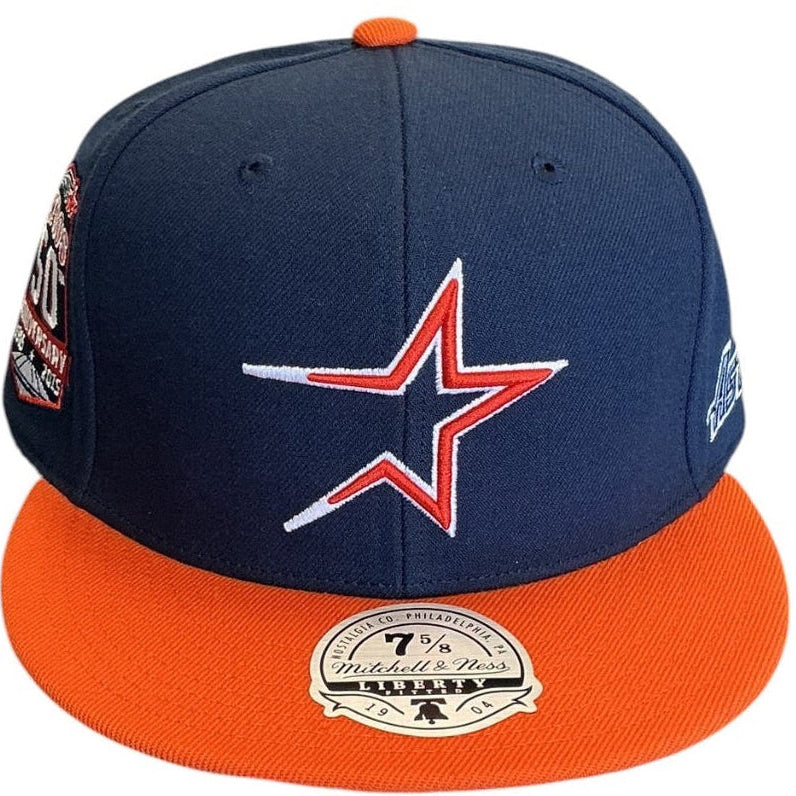 Houston Astros navy and orange Mitchell & Ness fitted hat - side view