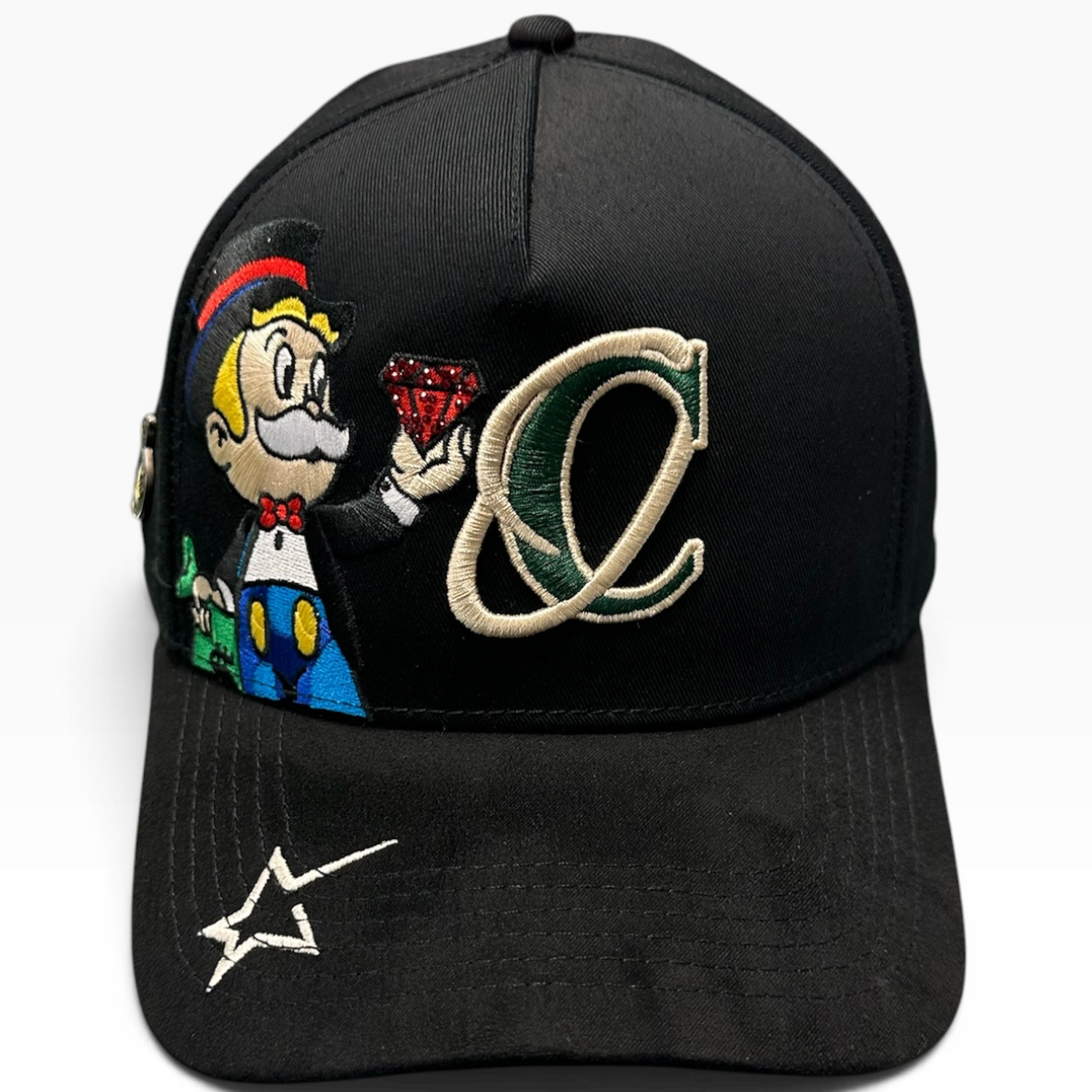 Cash Only diamond money man black adjustable hat - detail view