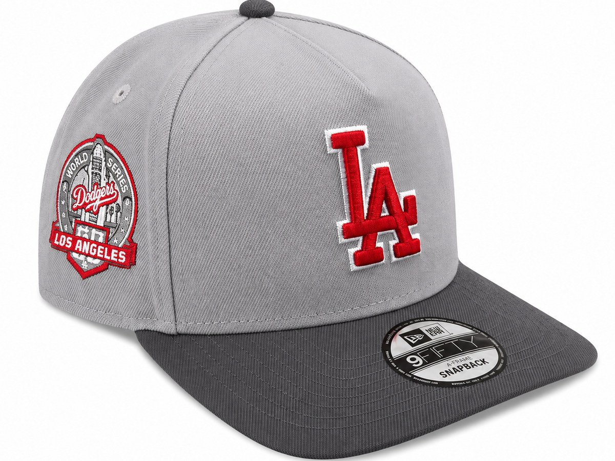 New Era Los Angeles Dodgers gray and charcoal 9FIFTY A-Frame snapback with red LA logo - front view