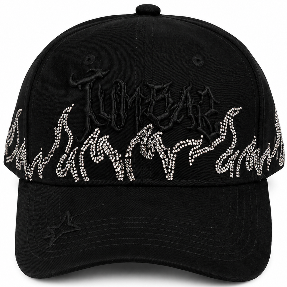 Cash Only black rhinestone flame hat - front view
