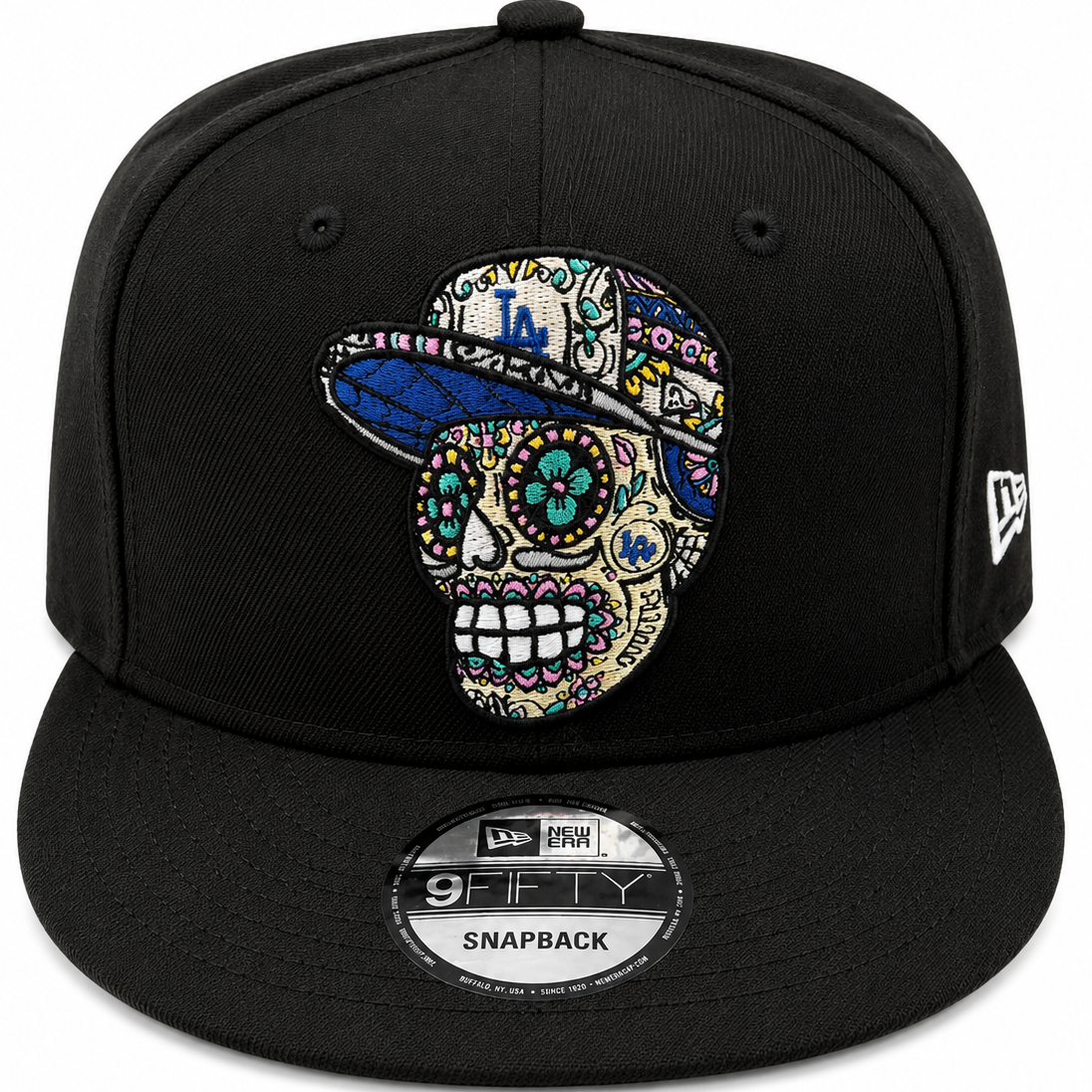 LA Dodgers sugar skull black 9FIFTY snapback hat with colorful embroidered calavera design - front view