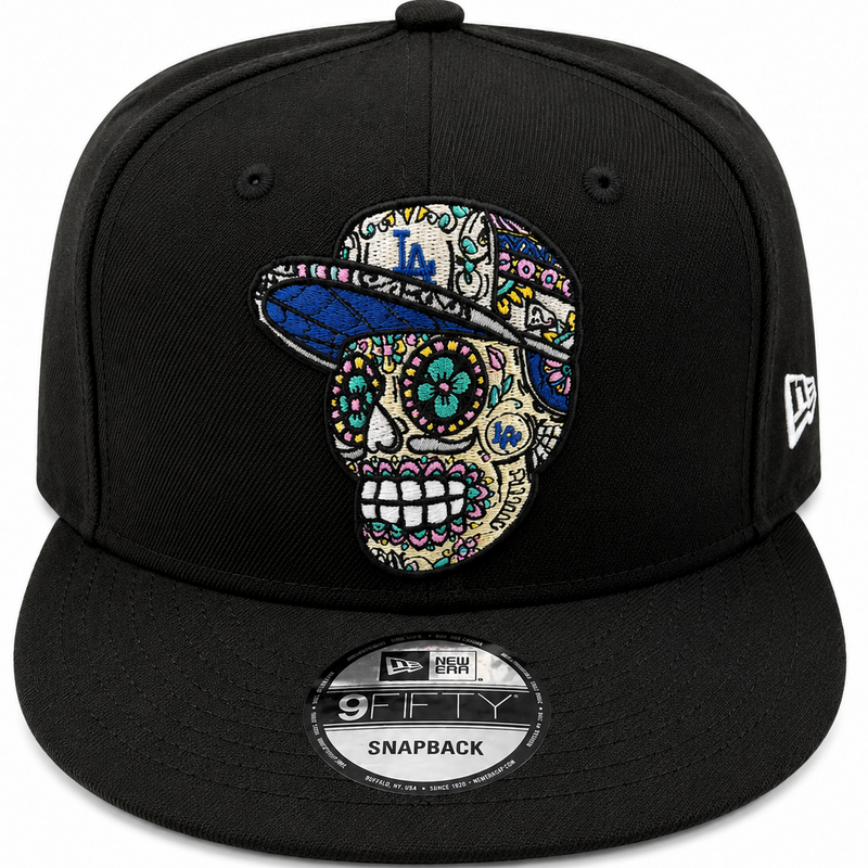 LA Dodgers sugar skull black 9FIFTY snapback hat with colorful embroidered calavera design - front view