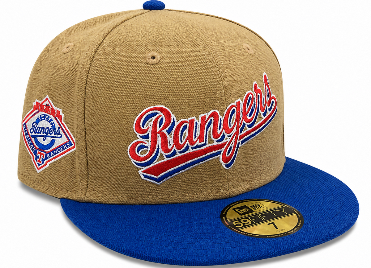 Texas Rangers Tan / Royal Blue New Era 59FIFTY fitted hat - back view