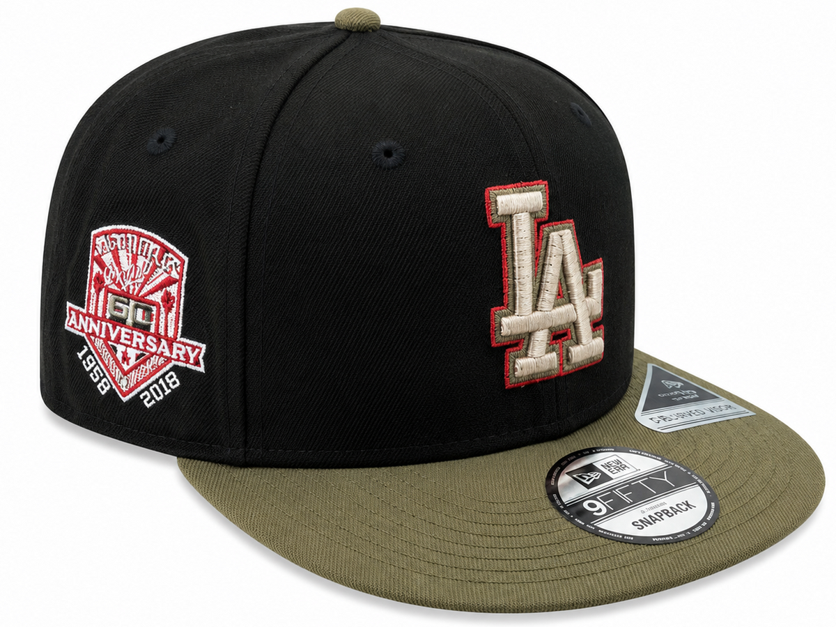 New Era Los Angeles Dodgers black and olive 9FIFTY snapback hat with cream LA logo - front view