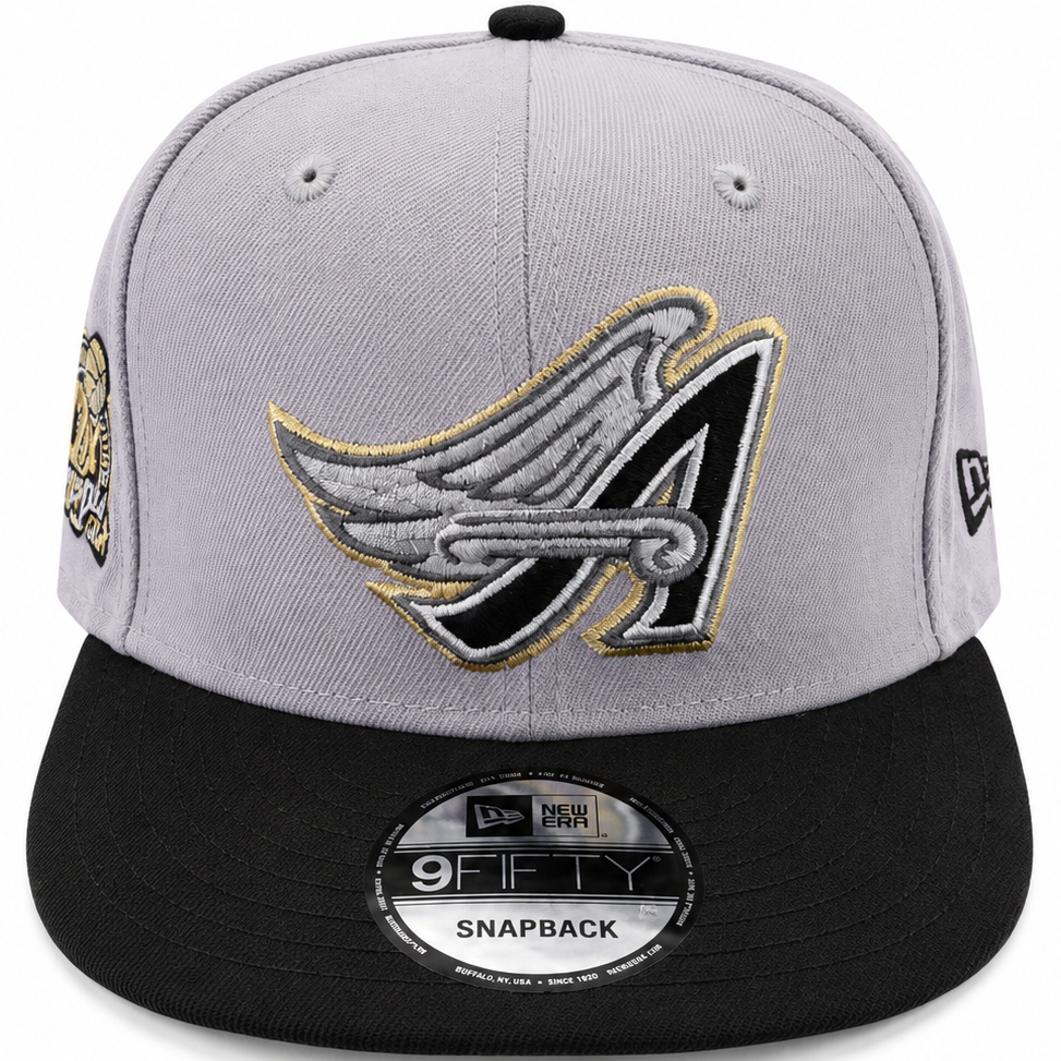 New Era Angels 50th Anniversary gray and black 9FIFTY snapback hat with winged A logo - front view