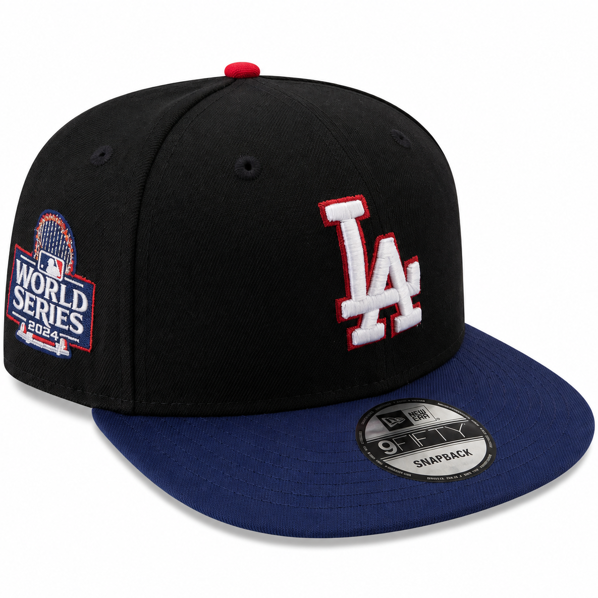 New Era Los Angeles Dodgers 2024 World Series black 9FIFTY snapback hat with LA logo - front view