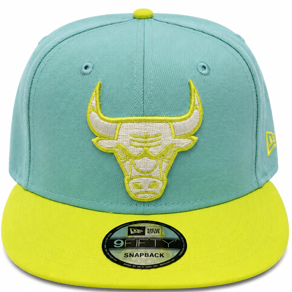 New Era Chicago Bulls teal and neon yellow 9FIFTY snapback hat - front view