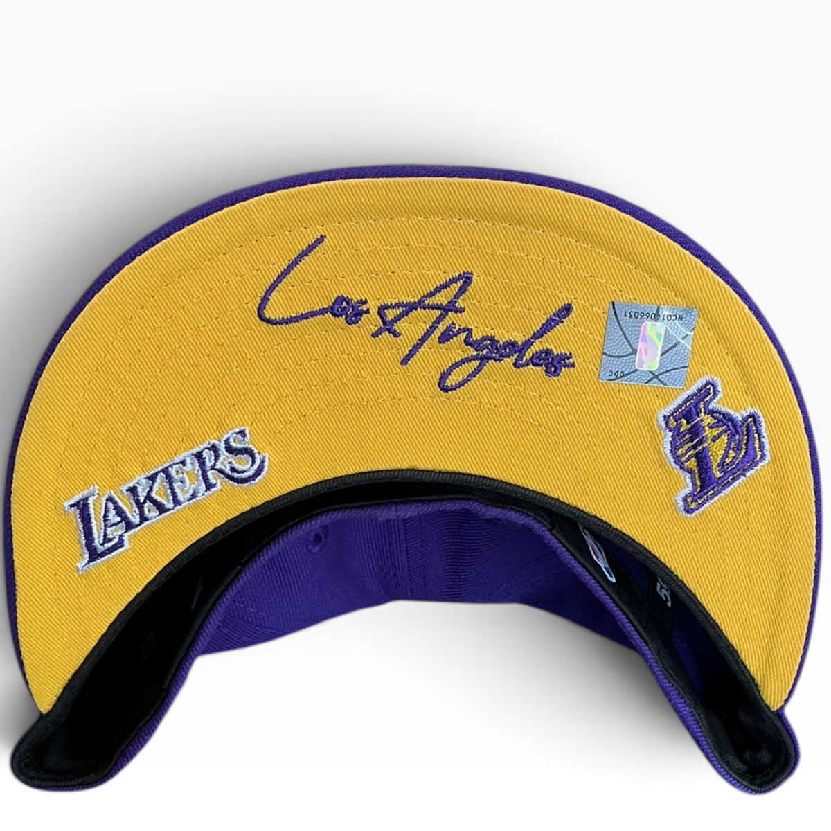 Los Angeles Lakers purple Multi Embroidery New Era 59FIFTY fitted hat - undervisor detail