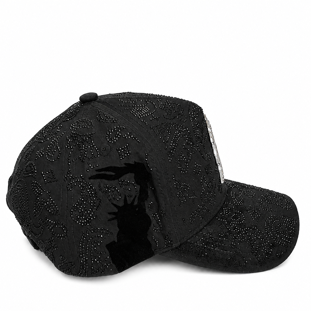 Black rhinestone paisley cap - side view