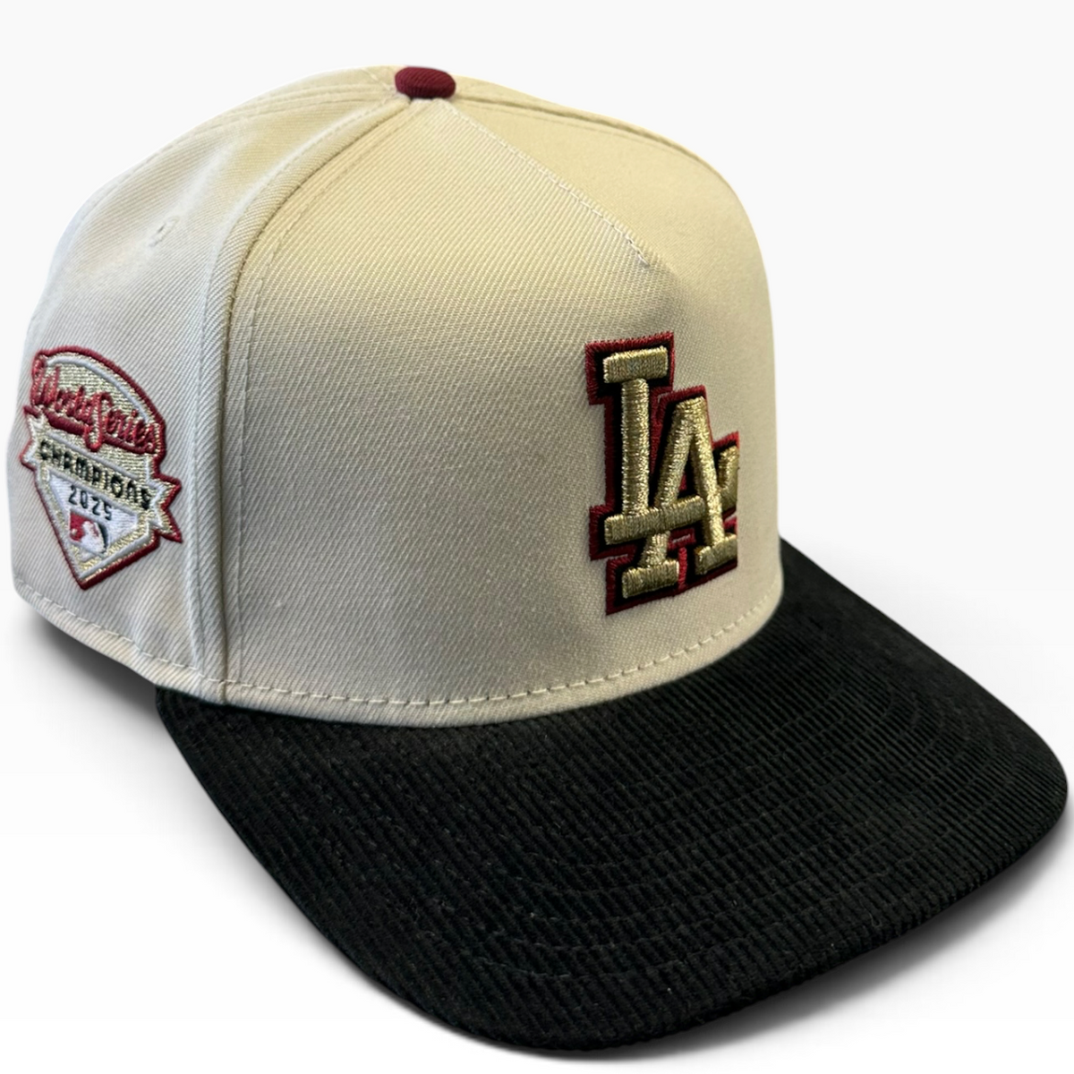 Los Angeles Dodgers cream, black and gold New Era 9FIFTY A-Frame snapback hat - front view