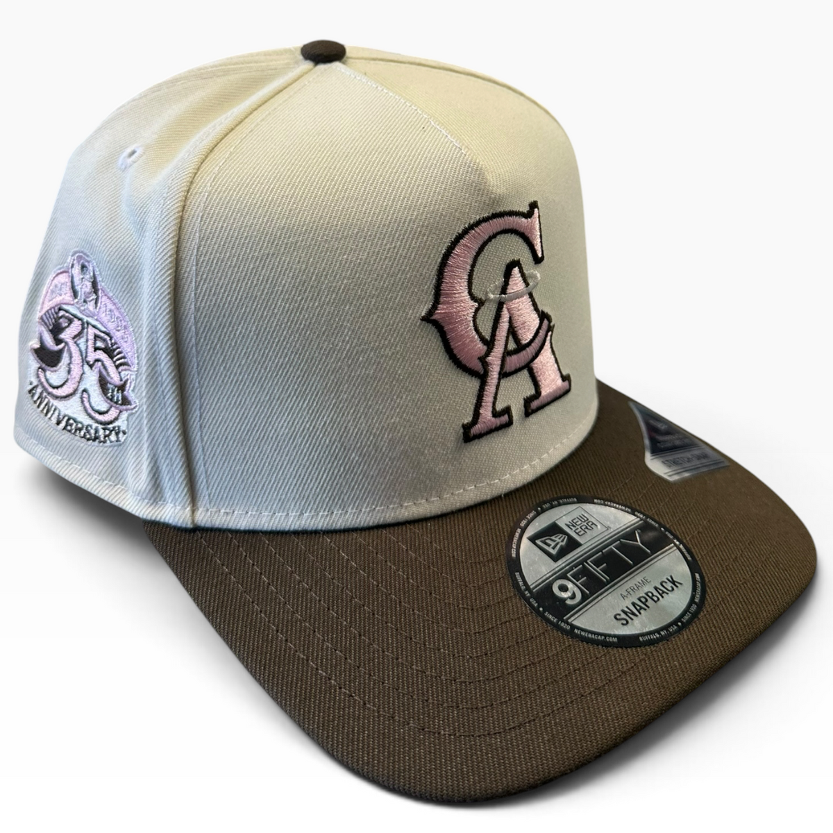 California Angels cream brown and pink New Era 9FIFTY A-Frame snapback hat - front view