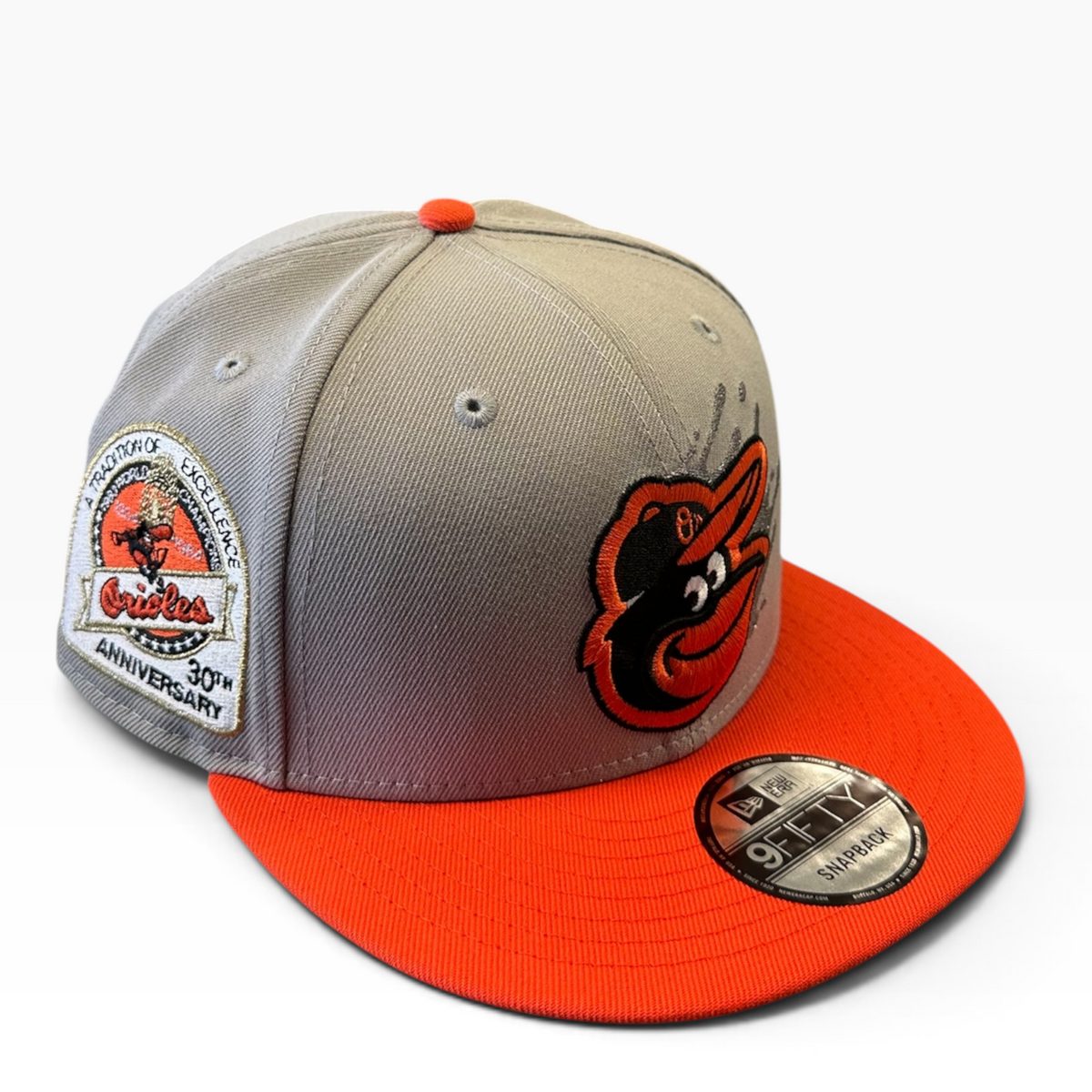Orioles gray snapback with orange brim and 30th Anniversary side patch - side view
