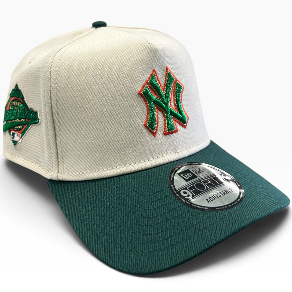 New York Yankees Cream & Dark Green New Era 9FORTY A-Frame adjustable hat - back view