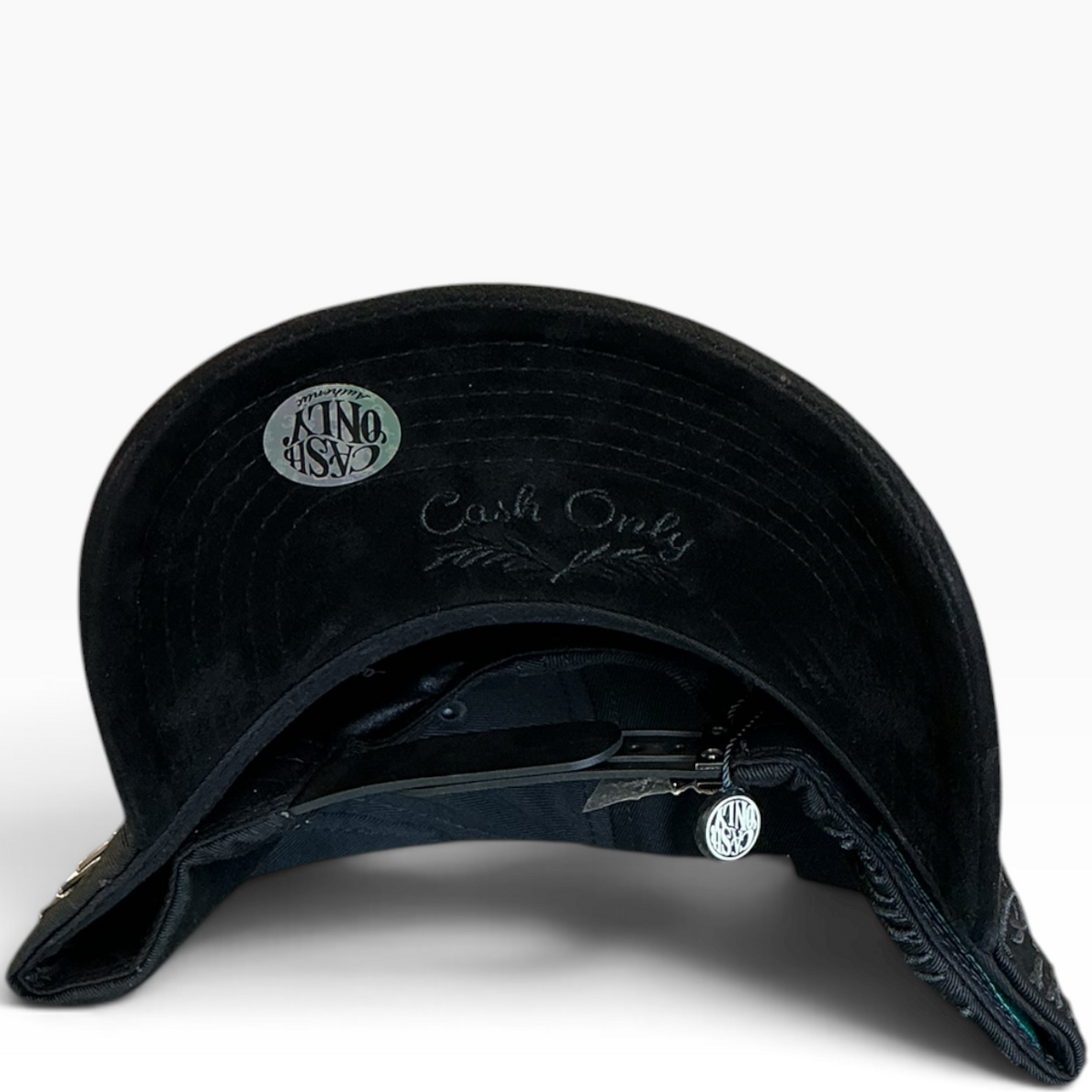 Cash Only LA black rhinestone suede brim snapback hat - front view