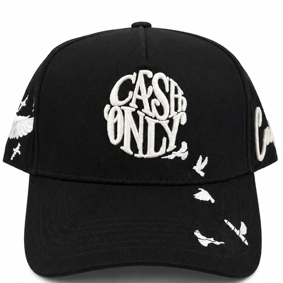Cash Only black embroidered bird cap with white Cash Only embroidery - front view