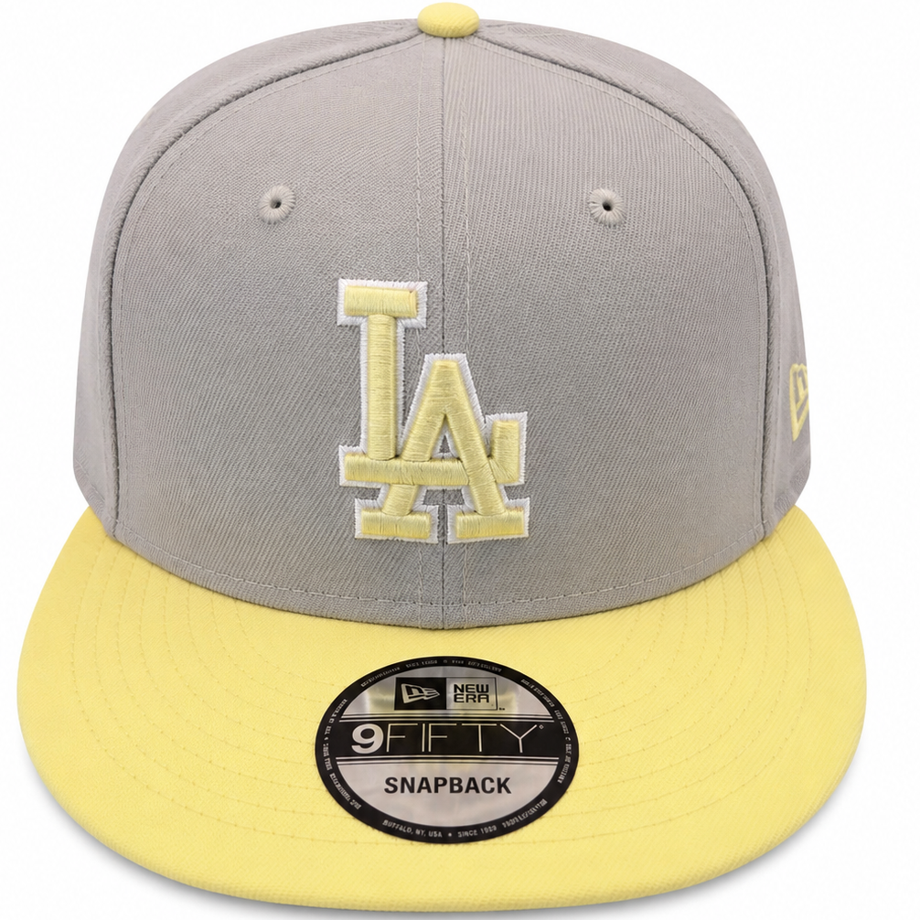 New Era Los Angeles Dodgers gray and yellow 9FIFTY snapback hat with yellow LA logo - front view