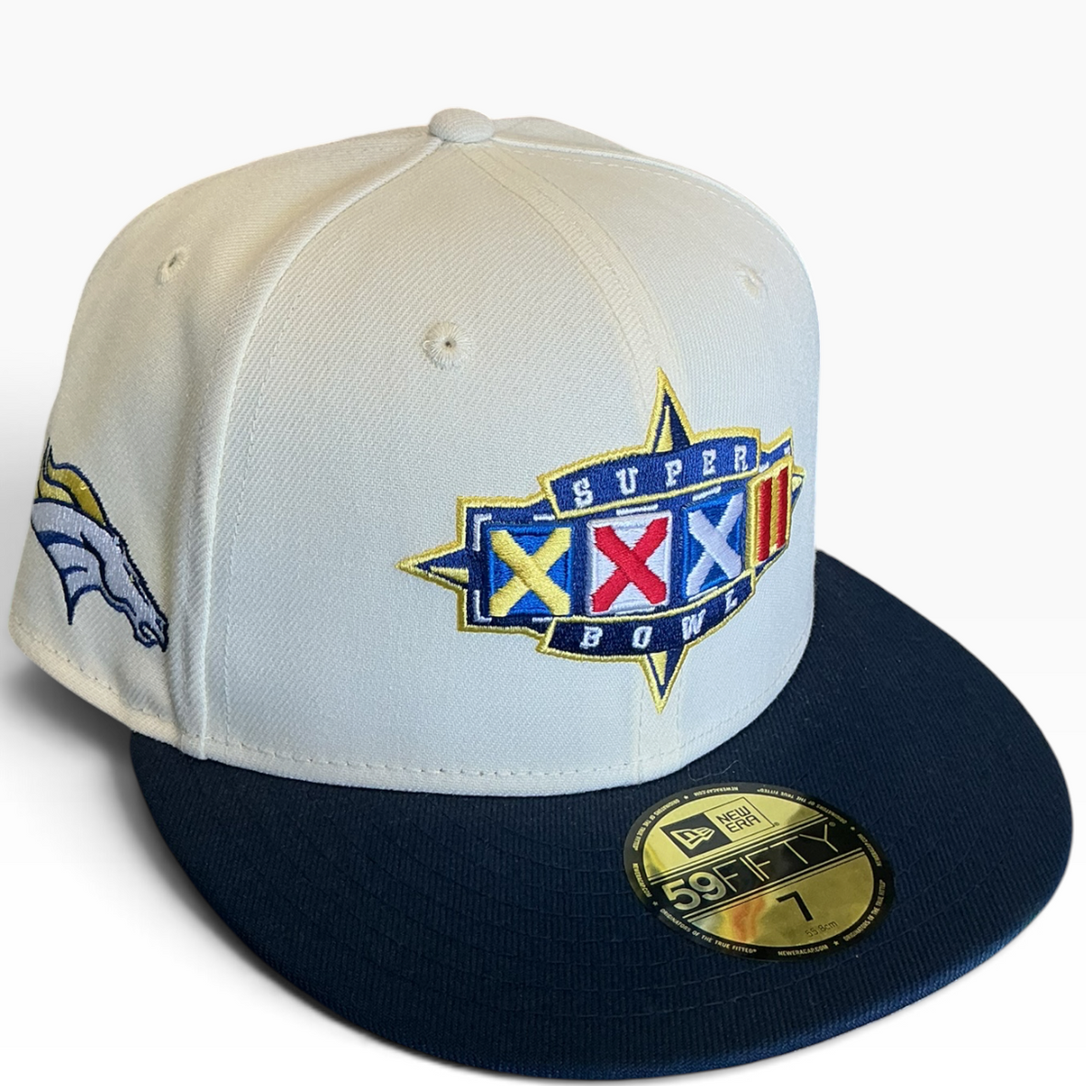 Denver Broncos Super Bowl XXXII Cream & Navy New Era 59FIFTY fitted hat - front view