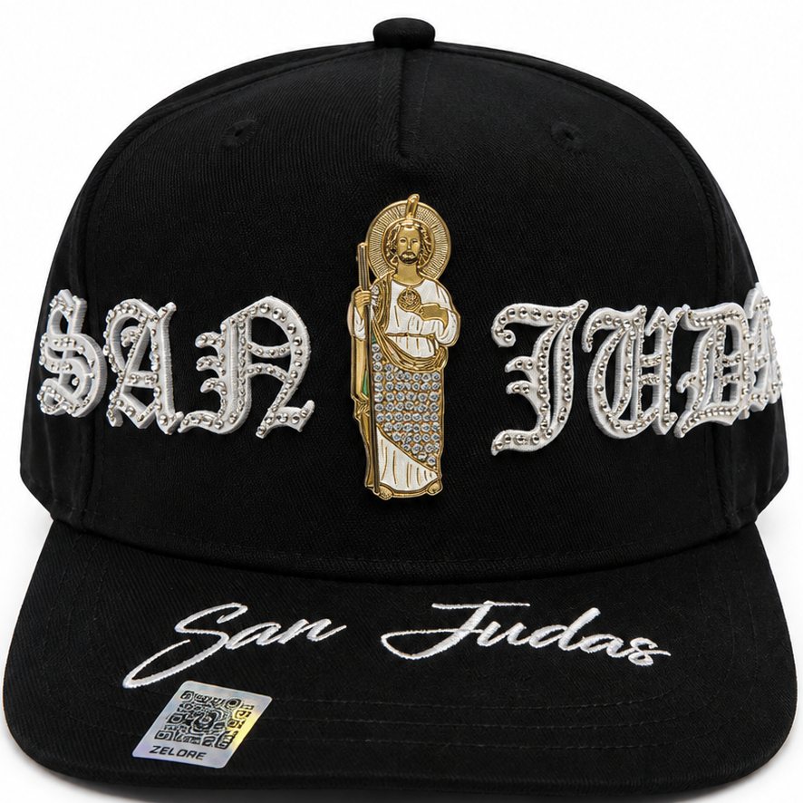 San Judas black rhinestone snapback hat with gold centerpiece - front view