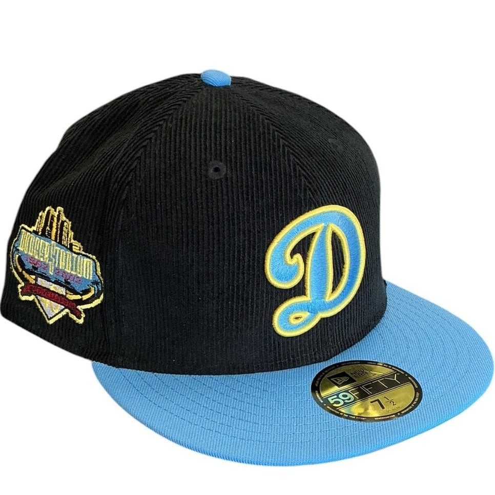 Los Angeles Dodgers black and sky blue corduroy New Era 59FIFTY fitted hat - back view