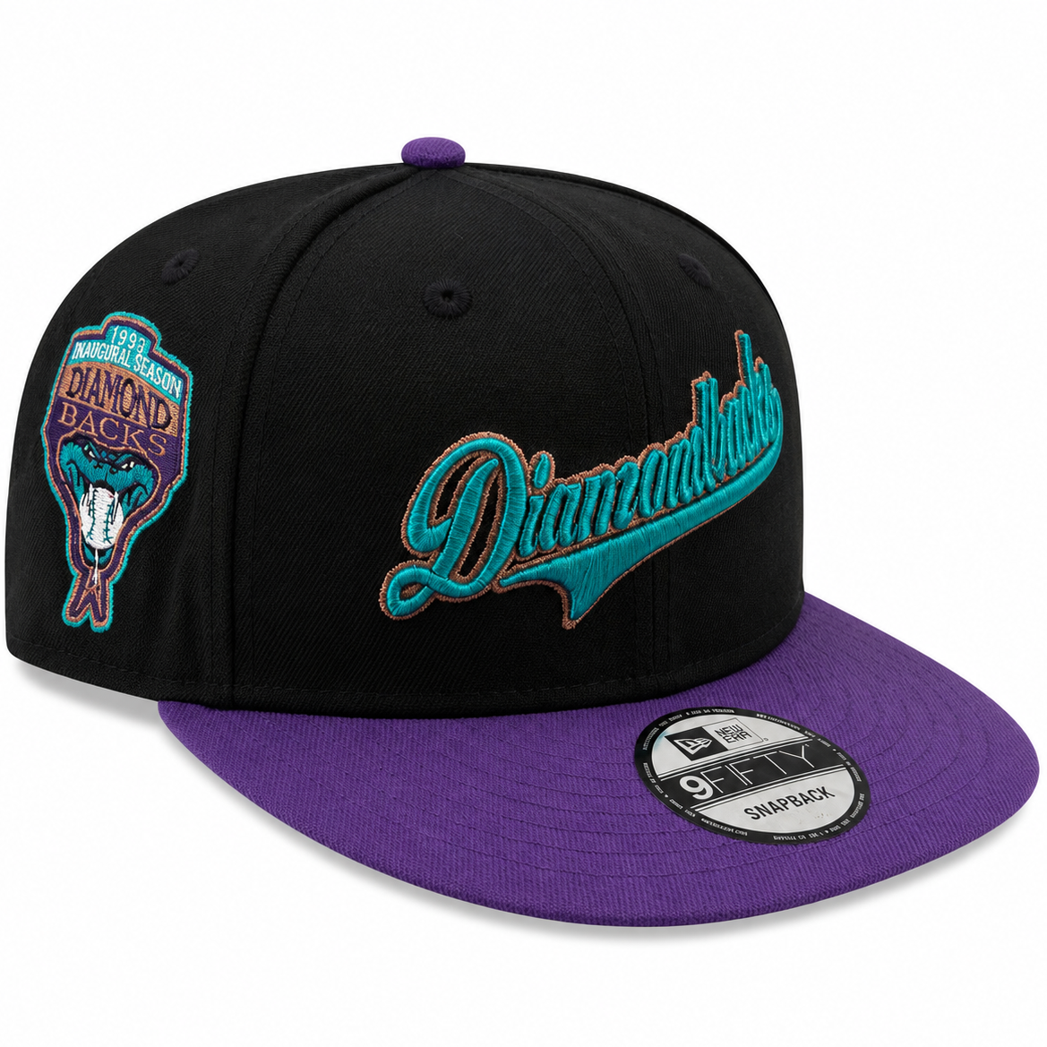 New Era Arizona Diamondbacks 1998 Inaugural Season black 9FIFTY snapback hat with teal and purple embroidery - front view