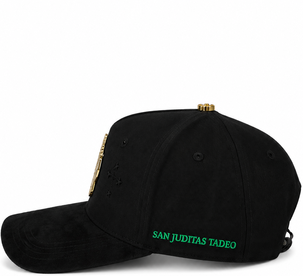 San Judas gold emblem snapback with cross accents - side view