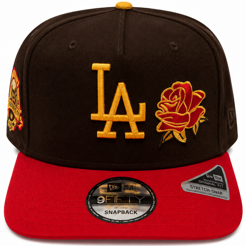 Los Angeles Dodgers brown and red Rose 60th Anniversary New Era 9FIFTY A-Frame snapback hat - back view