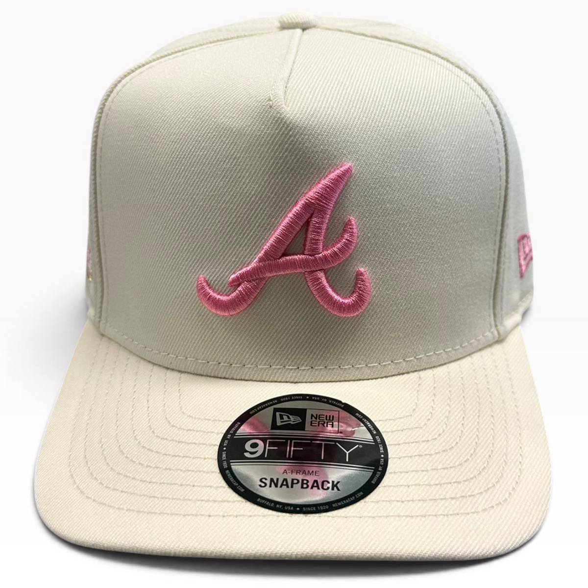 Atlanta Braves Cream & Pink New Era 9FIFTY A-Frame snapback hat - side view