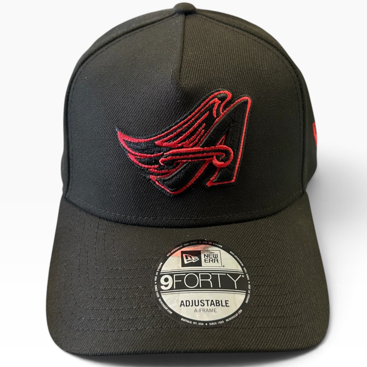 Los Angeles Angels black and red New Era 9FORTY A-Frame adjustable hat - front view