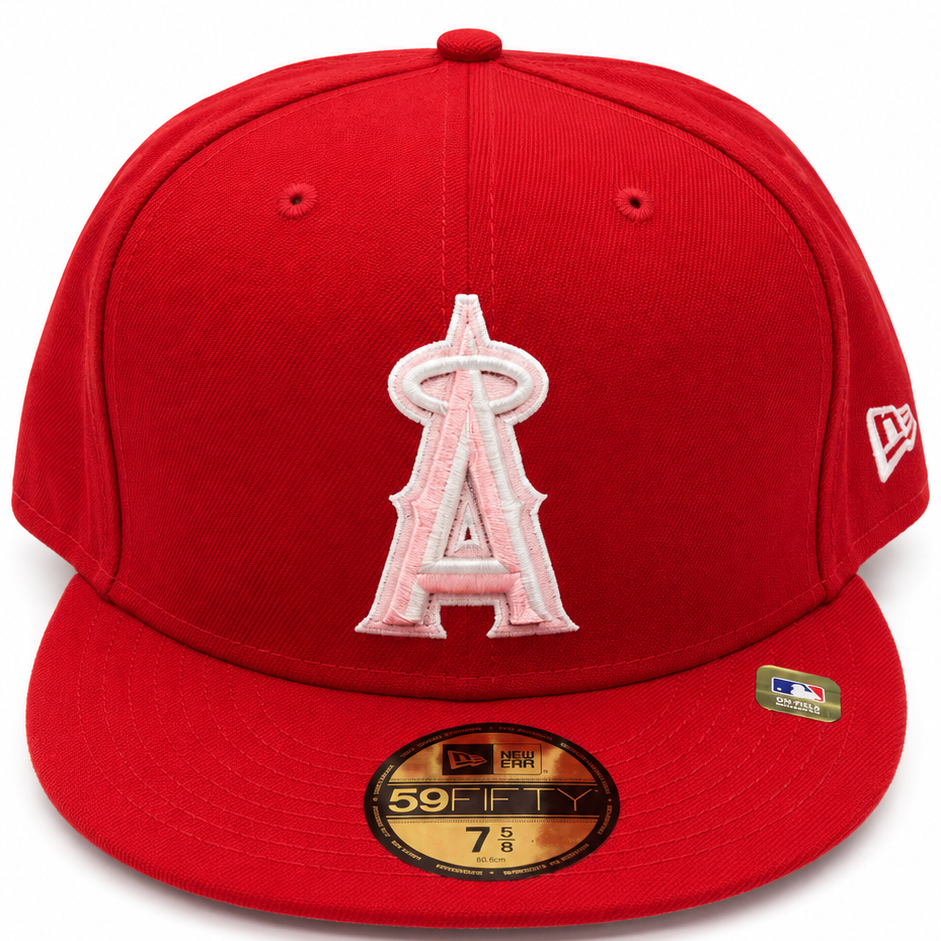 Los Angeles Angels red and pink New Era 59FIFTY fitted hat - side view