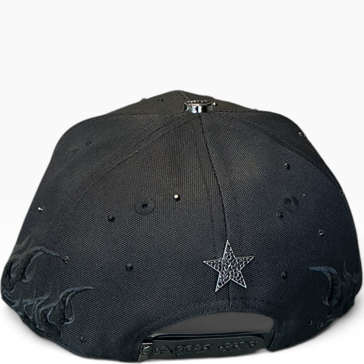 All In poker chip snapback with flame embroidery - side view
