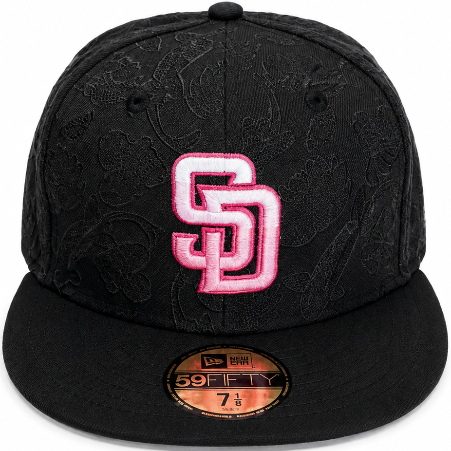 San Diego Padres black floral 59FIFTY fitted hat with pink and white SD logo – front view